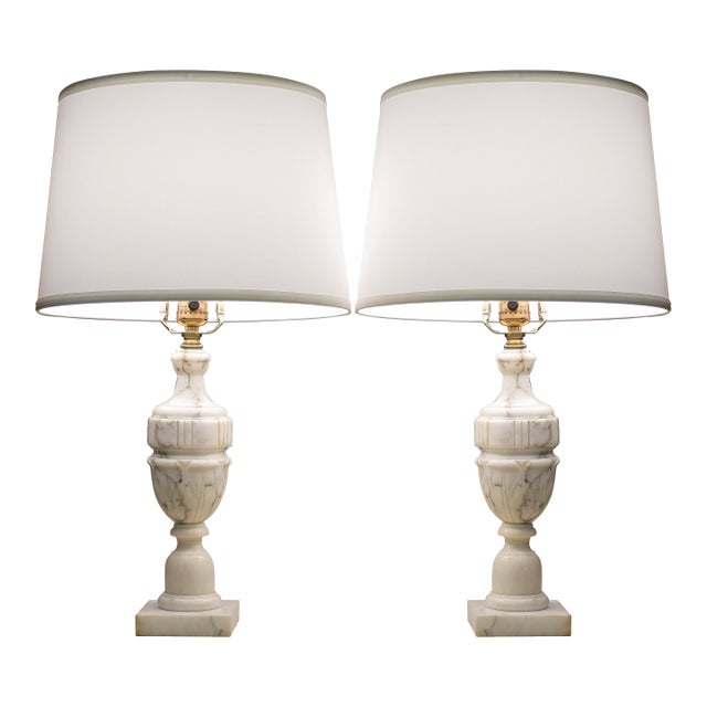 1940s Neoclassic Art Deco Empire Regency Modern Carrara Marble Urn Style Table Lamps For Sale