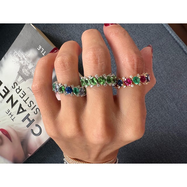 Green Garnet Tsavorite Eternity Diamond Band 18 Karat White Gold Unique Ring, Size 7 For Sale - Image 18 of 18