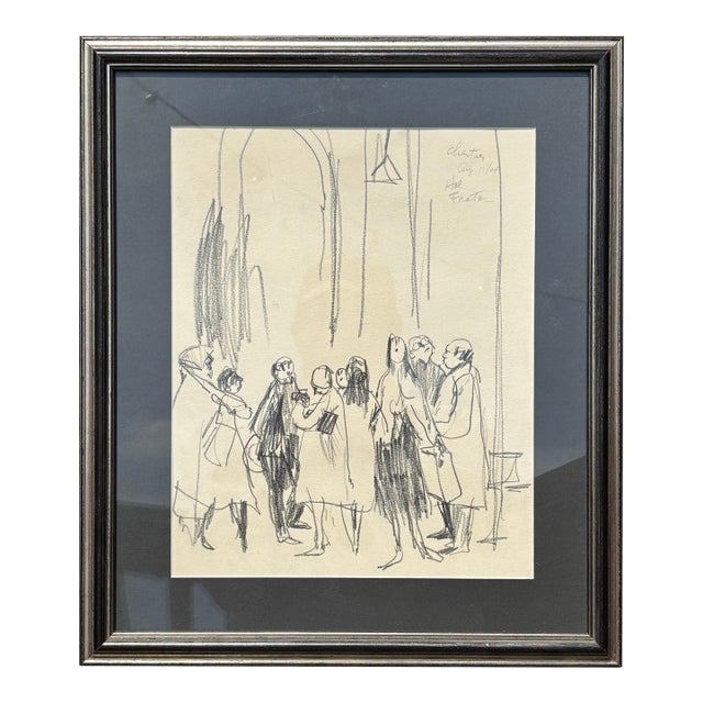 Tourists at Chartres - Original Graphite Drawing C. 1964 For Sale