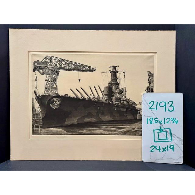 Black John Taylor Arms Ww2 Etching Us Navy Battleship at Shipyard Signed 1944 For Sale - Image 8 of 8