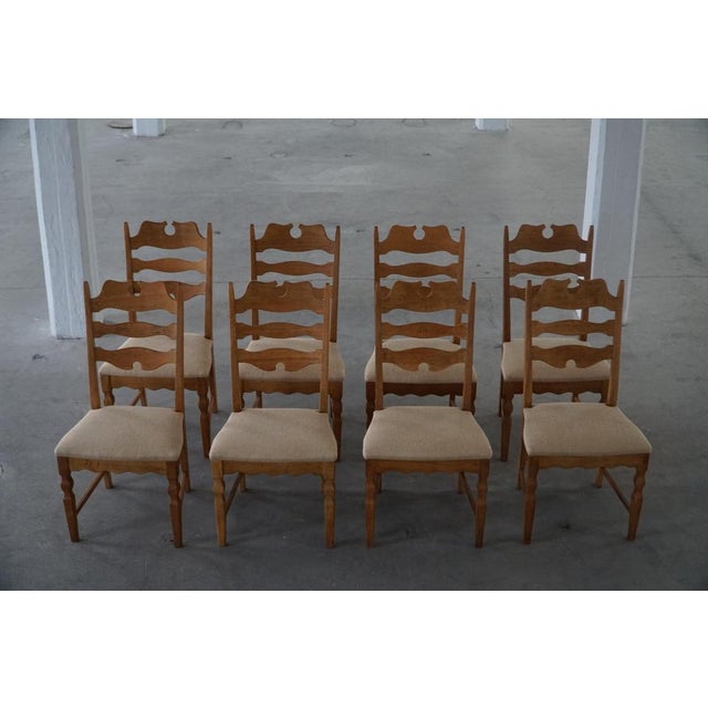 Mid-Century Danish Chairs in Oak & Hessian from Henning Kjærnulf, 1960s, Set of 8 For Sale - Image 12 of 17