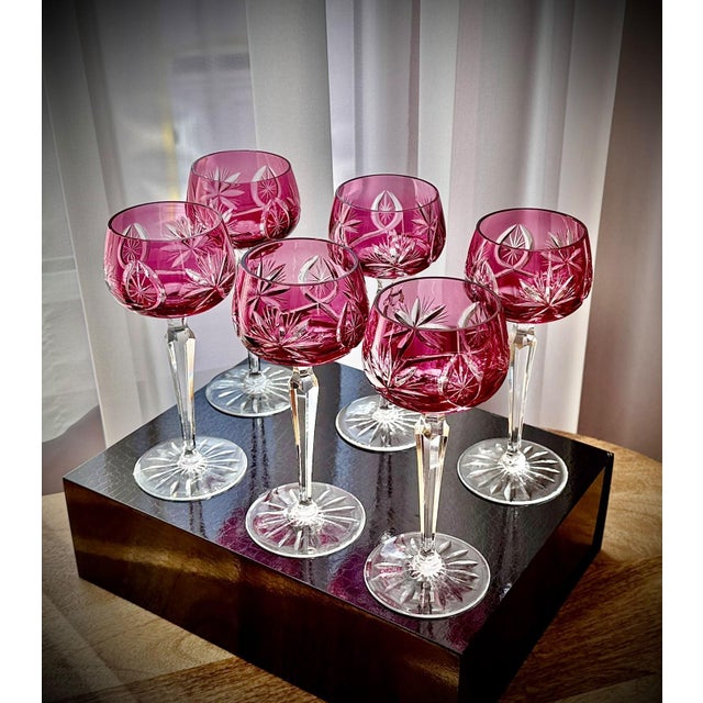 Vintage Ruby Cut-to-Clear Crystal Hock Wine Glasses, 1950, Set of 6 For Sale - Image 16 of 16