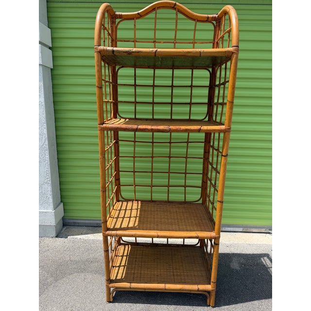 English Vintage Rattan & Woven Cane Four-Tier Étagère Bookshelf For Sale - Image 3 of 7