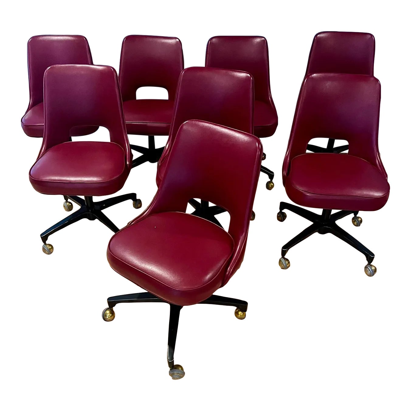 1970s Swivel Vinyl Dining Chairs With Key Hole Backs - Set of 8 | Chairish