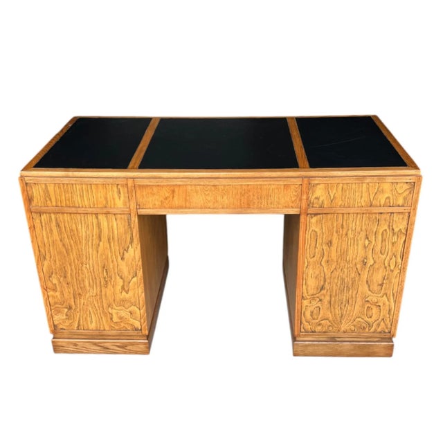 Vintage Campaign-Style Oak Executive Desk With Black Leather Inlay For Sale - Image 12 of 12