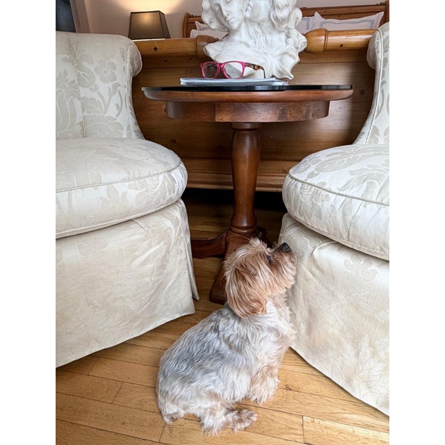 Custom Scallop Backed, Skirted Slipper Chairs in Cloud Dancer Damask, a Pair For Sale - Image 16 of 18