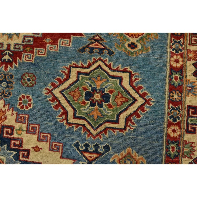 Kazak Rug 5′ X 6’7” Blue Wool Tribal Hand-Knotted Oriental Carpet For Sale - Image 4 of 12