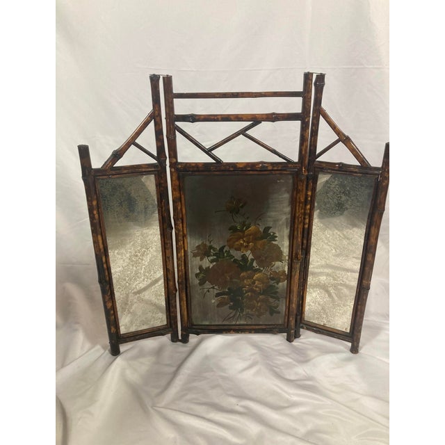 Yellow Antique Victorian Aesthetic Movement Bamboo Folding Fire Screen | Hand-Painted For Sale - Image 8 of 9