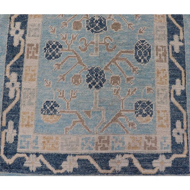Turkish Khotan Designed Runner With Pomegranate Design in Cream, Tan and Blues For Sale - Image 9 of 11
