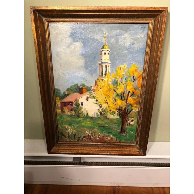 Mid-Century Modern Pastoral Oil on Board of Church For Sale - Image 3 of 13