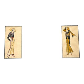 1933 Pair-Original French Watercolor Fashion Drawings-American West Cowgirl, Matted For Sale