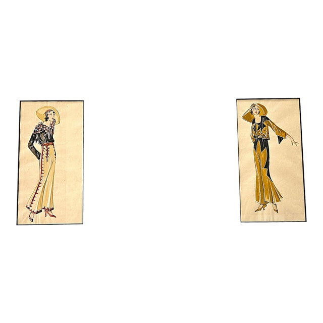 1933 Pair-Original French Watercolor Fashion Drawings-American West Cowgirl, Matted For Sale