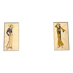 1933 Pair-Original French Watercolor Fashion Drawings-American West Cowgirl, Matted