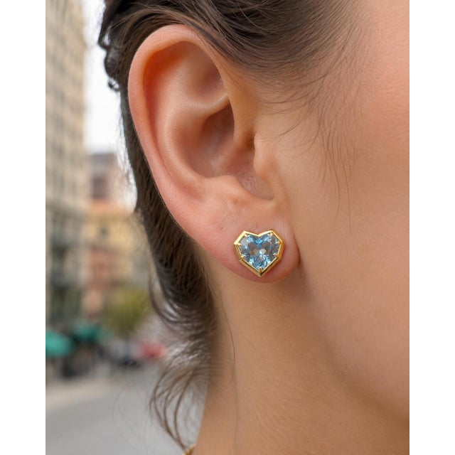 Geometric Heart Topaz Stud Earrings, Silver, Gold, Pair For Sale - Image 10 of 10