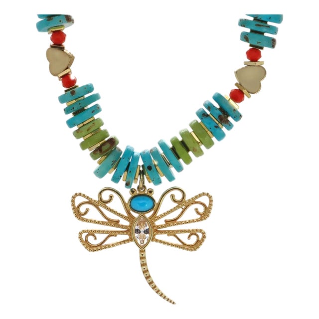 Transformation Dragonfly Gold & Turquoise Pendant Unique Necklace For Sale