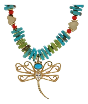 Transformation Dragonfly Gold & Turquoise Pendant Unique Necklace