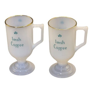 Vintage Milk Glass Painted Shamrocks Gilded Rim Irish Coffee Mugs - Pair For Sale