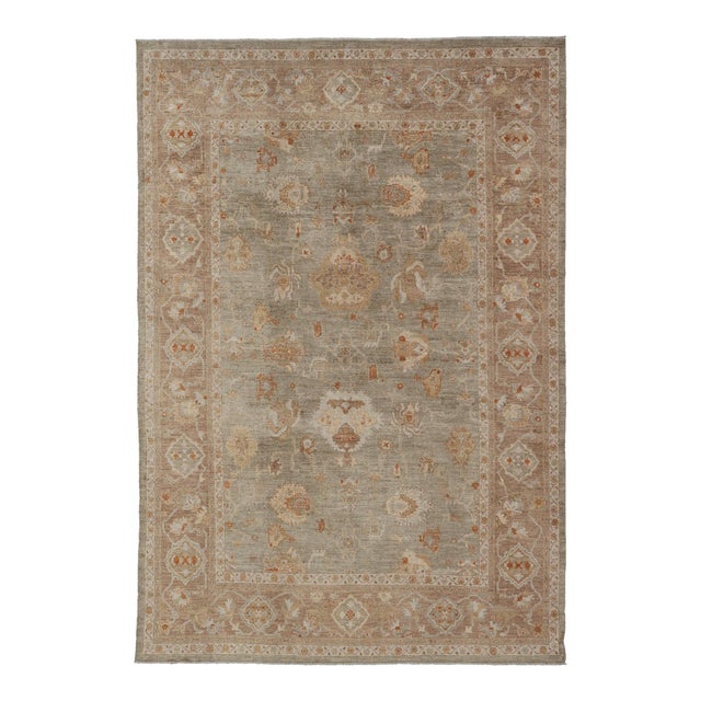Large Turkish Angora Oushak Rug With Soft Green Field and Rust Accents For Sale