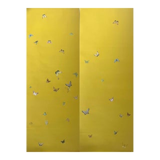 Hand-Painted Mustard Yellow Chinoiserie Butterfly Mural Panels | Luxury Botanical Wall Art Set of 2 For Sale