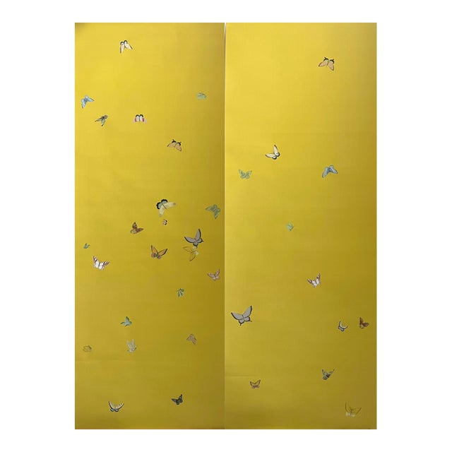 Vibrant Yellow Butterfly Mural | 2-Panel Hand-Painted Chinoiserie Wallpaper For Sale