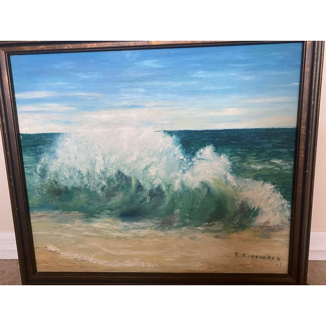 Blue Ocean Waves Crashing Landscape Acrylic Painting Signed R. Gottwald 1969, Framed For Sale - Image 8 of 10