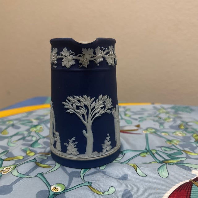 Ceramic Vintage Wedgwood Cobalt Blue Dipped Jasperware Small Pitcher Jug — Classical Figures & Grapevine Relief For Sale - Image 7 of 7