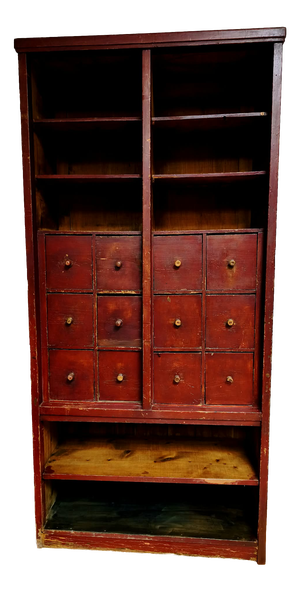 Antique Burgundy-Colored Pharmacy Chest of Drawers, 1890s