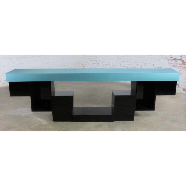 Late 20th Century Modern Zig Zag Stepped Plexiglass Clad Console Table in Black and Teal For Sale - Image 13 of 13