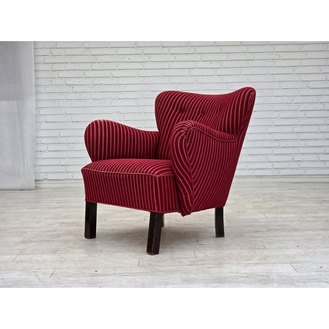 Danish Armchair in Red Striped Wool with Oak Legs, 1960s For Sale - Image 9 of 16