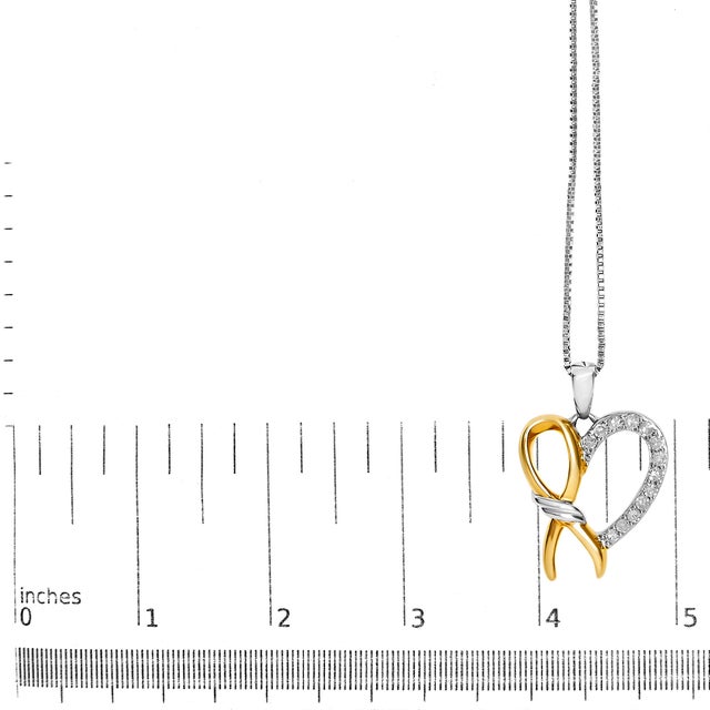Early 21st Century 10K Yellow Gold Plated .925 Sterling Silver 1/5 Cttw Diamond Ribbon Heart Pendant Necklace (H-I Color, I2-I3 Clarity) - 18" For Sale - Image 5 of 5