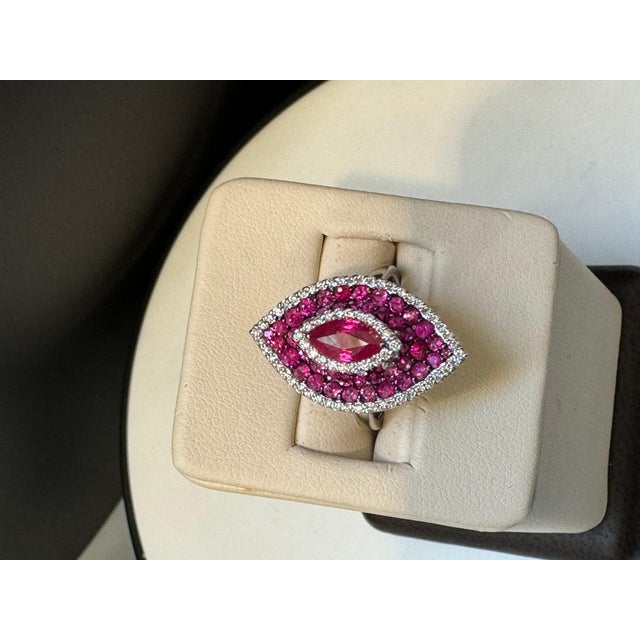 2010s 2.5 Ct Natural Marquis Ruby & 1 Ct Dancing Diamond 18 Kt White Gold Ring Size 6 For Sale - Image 5 of 18