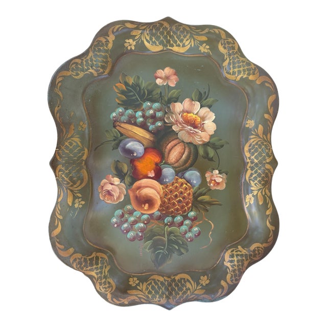 Vintage Mid Century Green Hand Painted Floral Tole Tea Tray For Sale