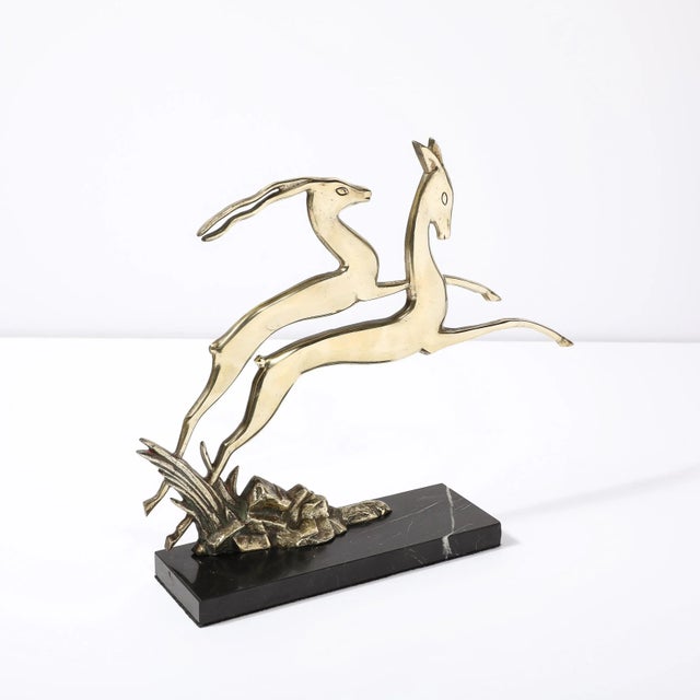 1930s Art Deco Leaping Gazelle Sculpture in Polished Brass on Black Marble Base For Sale - Image 5 of 12