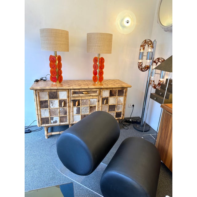 Contemporary Pair of Brass Murano Glass Orange Disc Lamps, Italy For Sale - Image 10 of 12