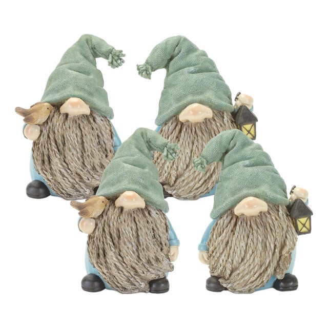 Stone Garden Gnome Figurine with Bird and Lantern Accent (Set of 4) For Sale