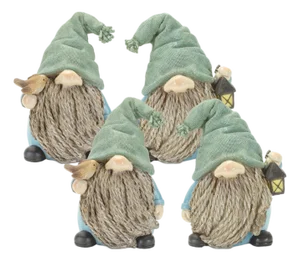 Stone Garden Gnome Figurine with Bird and Lantern Accent (Set of 4)