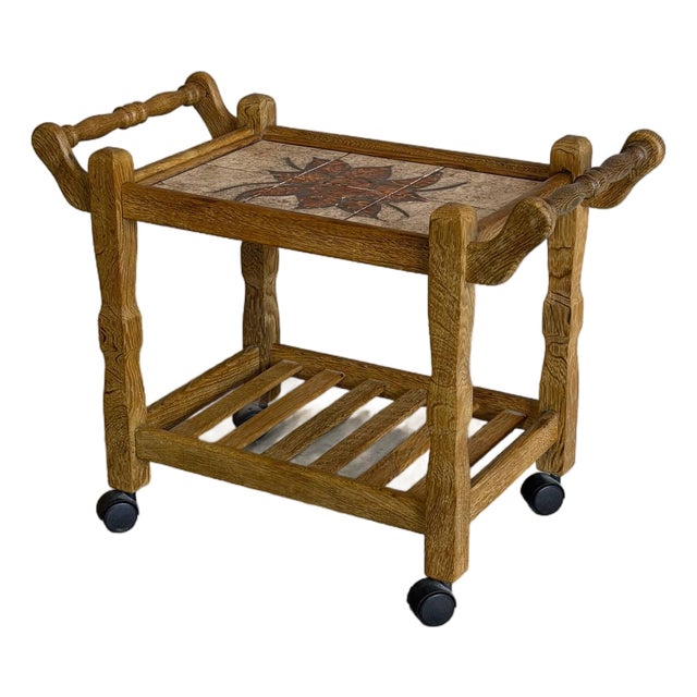 Vintage Danish Oak Bar Cart Tea Trolley With Ceramic Tile Top Mid Century Modern For Sale