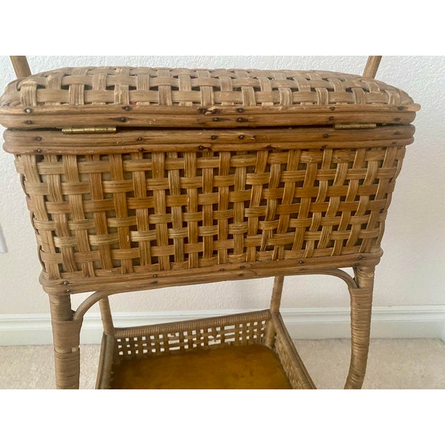 Vintage American Wicker and Rattan Two-Tier Sewing Basket Stand With Original Lining. For Sale - Image 13 of 15
