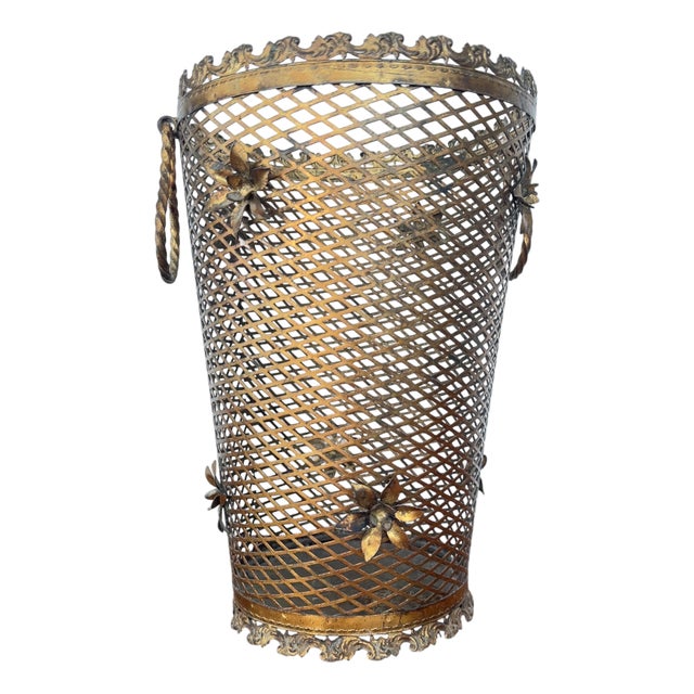 Brass Perforated Umbrella Stand with Detailed Flowers, 1950 For Sale