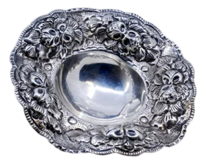 Silver Candy Box with Floral Reliefs and Applications and Support Feet