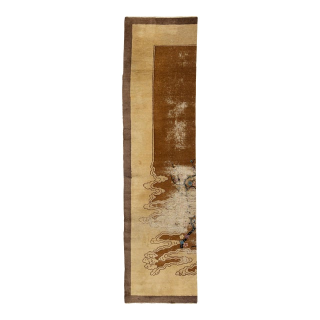 Antique Art Deco Chinese Nichols Style Runner Hand-Knotted Wool, Earth Tones For Sale