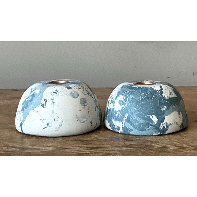 Boho Artisan Pigmented Plaster Scagliola Low Dome Candlestick Holders - Set of 2 For Sale - Image 9 of 12