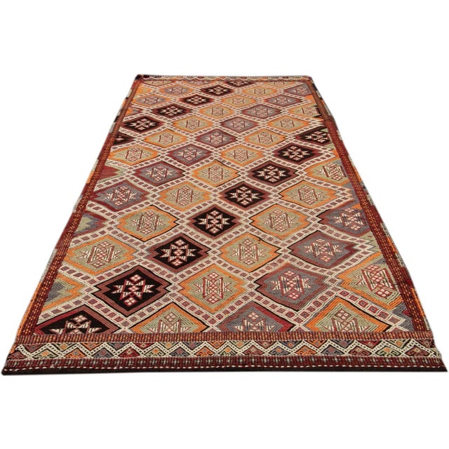 Vintage Turkish Sumakh Handmade Beige Geometric Wool Runner. For Sale - Image 4 of 13