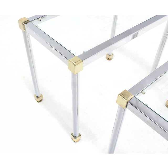 Set of 3 Chrome and Brass Metal Glass Top Nesting Side End Occasional Tables For Sale - Image 6 of 9