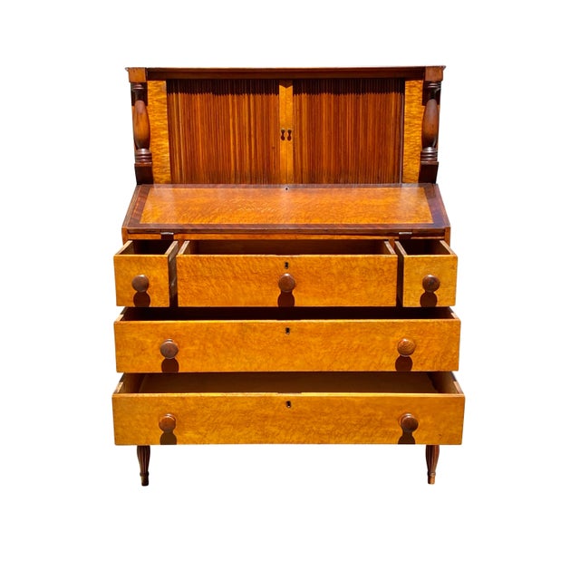 American Antique Sheraton Birds Eye Maple & Cherry Vermont Tambour Secretary Desk For Sale - Image 3 of 12