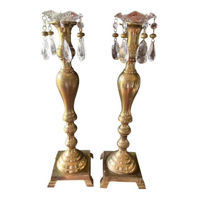 1970s Pair of Vintage Brass Candlesticks With Acrylic Bobeches and Crystals For Sale