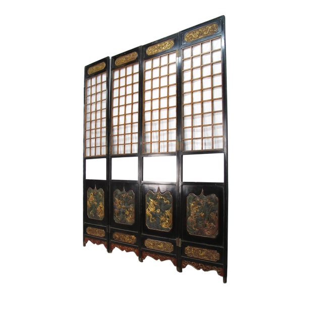 Antique Chinese Room Divider W Hand Carved & Gilded Dragons on Both Sides - Set of 4 For Sale - Image 4 of 13