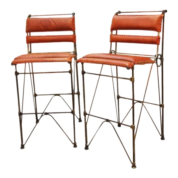 Brutalist Pair Of Industrial Leather And Iron Barstools Ilana Goor Style Chairish