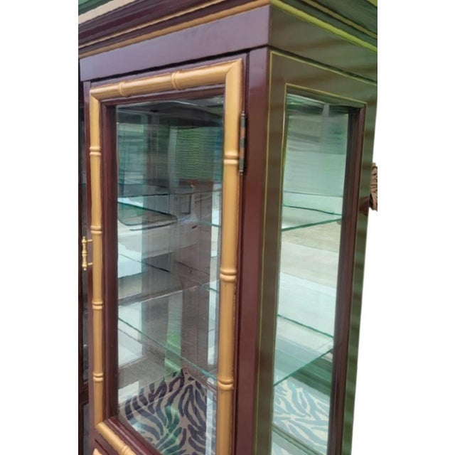 Vintage Dark Red Gold Faux Bamboo Ming Leg Jasper Style Palm Beach Regency Lighted Glass Shelving Etagere Cabinets- A Pair For Sale In West Palm - Image 6 of 8
