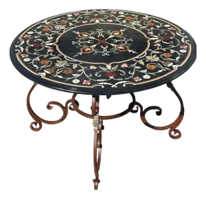 Antique Italian Pietra Dura Inlaid Marble & Wrought Iron Dining Table